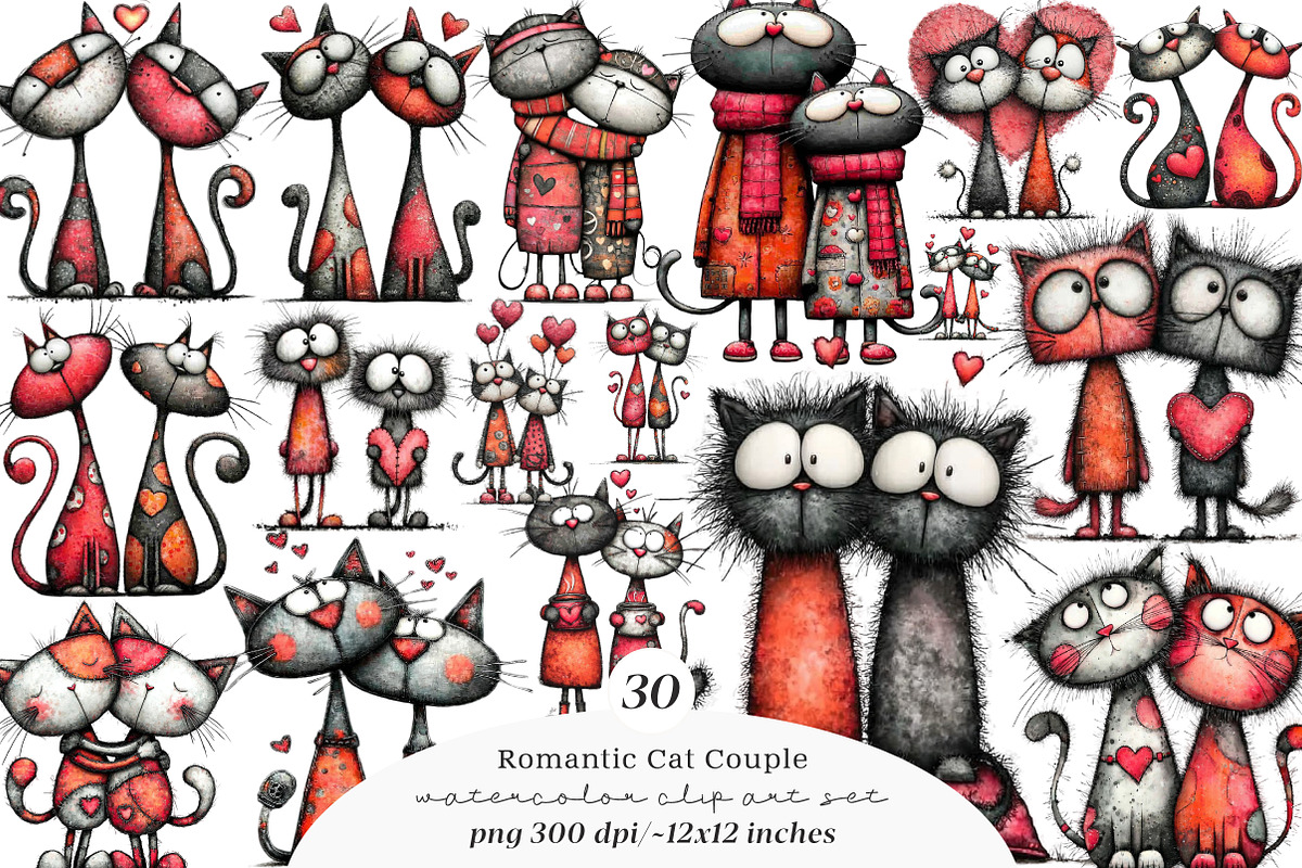 Valentine Romantic Cat Couple Clipar, an Illustration by SinaCreation (Photo 1 of 11)