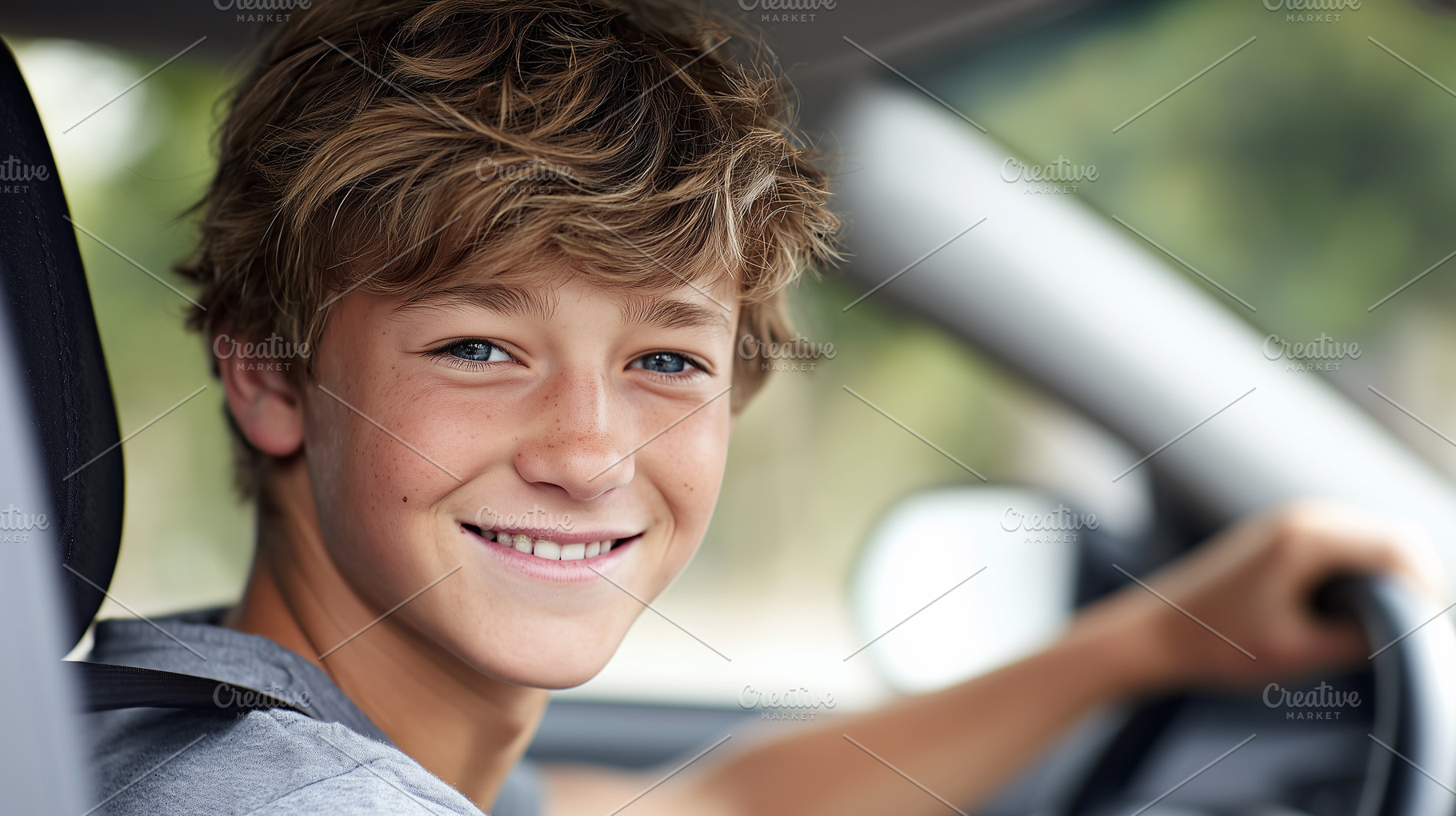 Smiling boy sitting on a driver, a Transportation Photo by MistyDay