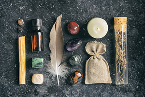 Healing Ritual Items with Candle and Crystals