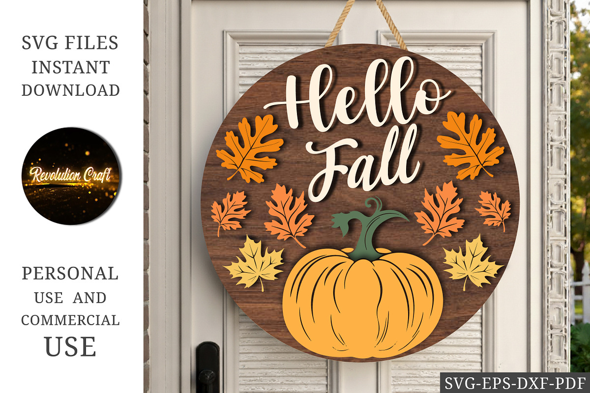 Hello Fall Pumpkin Door Hanger SVG, a Seasonal Illustration by OK Design (Photo 3 of 3)