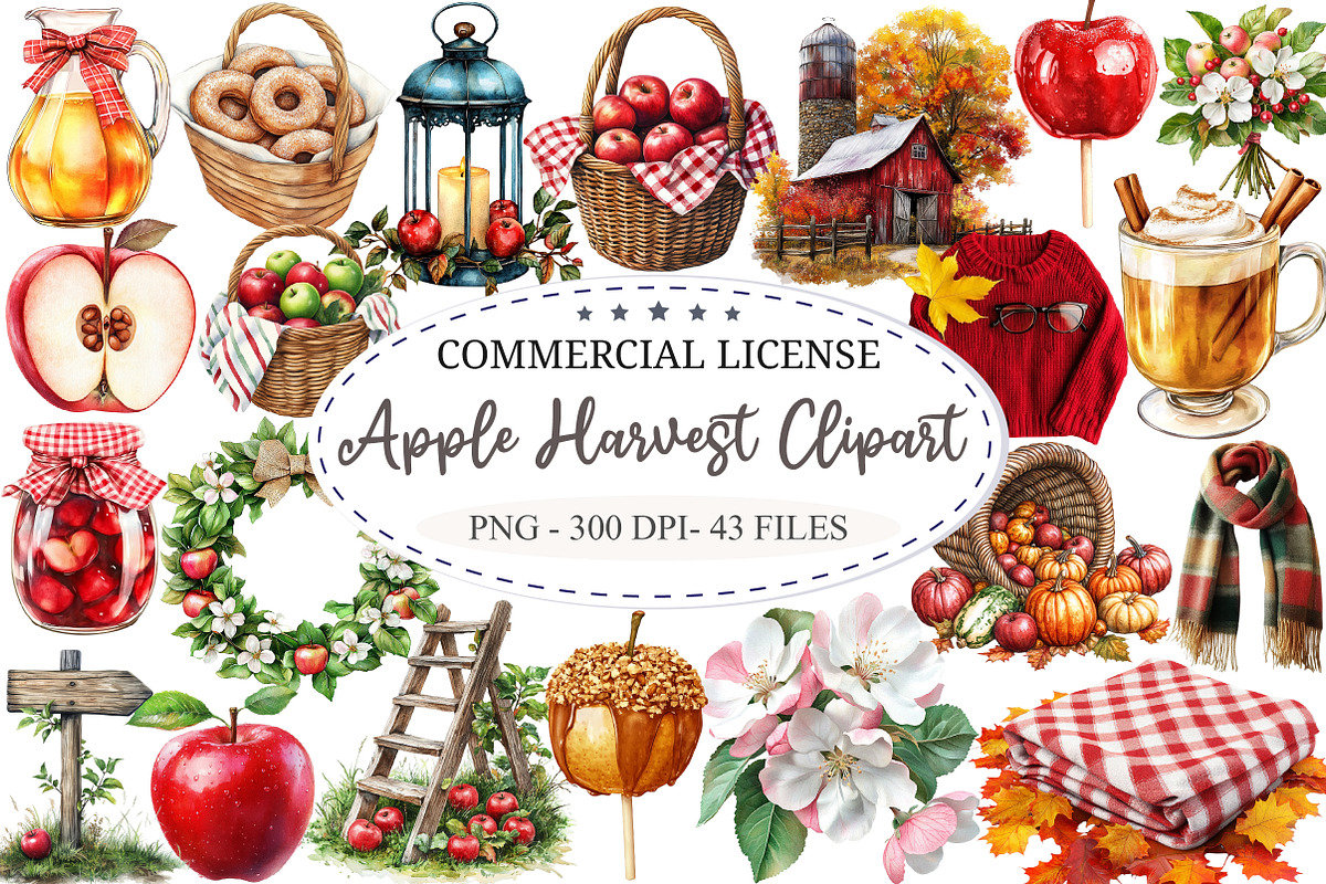 Apple Harvest Watercolor Clipart, a Seasonal Illustration by designcity5 (Photo 1 of 5)