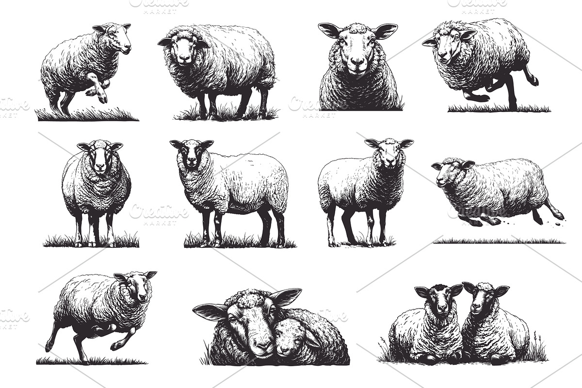 Hand drawn sheeps set. Monochrome, an Animal Illustration by Stock-Smart-Start