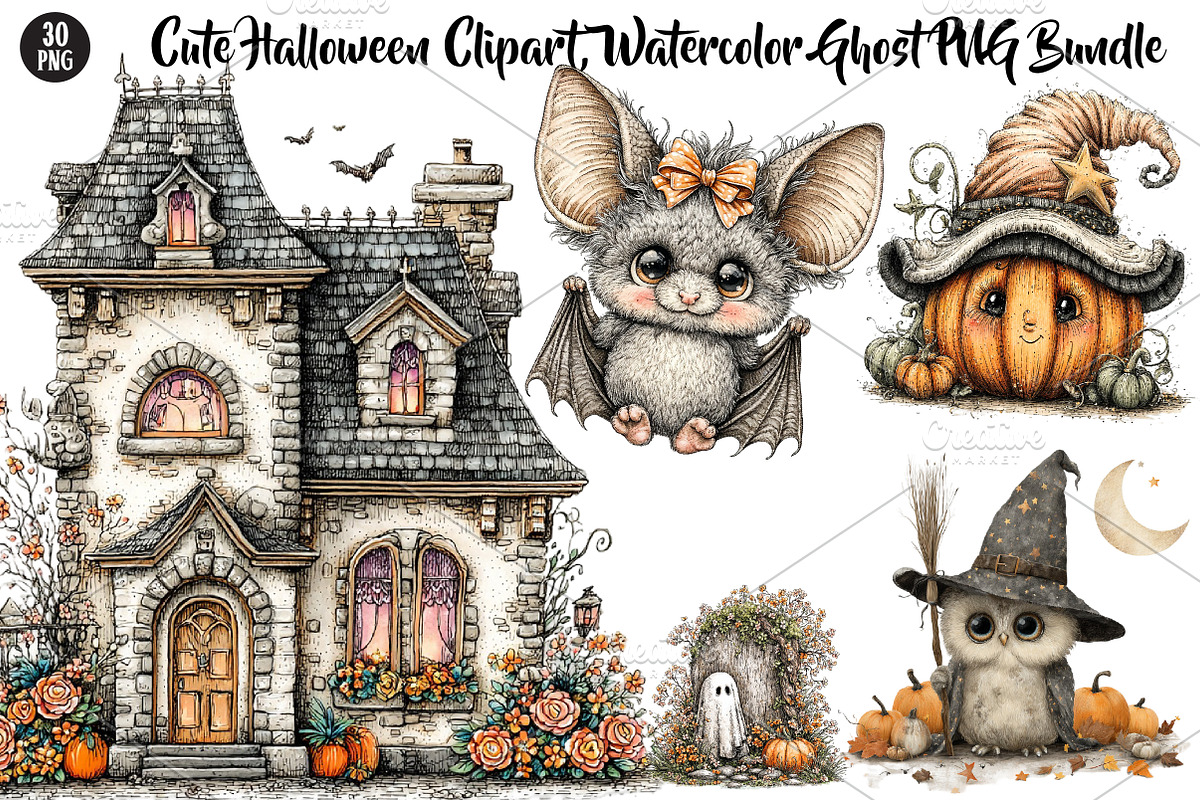 Cute Halloween Clipart, a Seasonal Illustration by CreationArt (Photo 1 of 5)