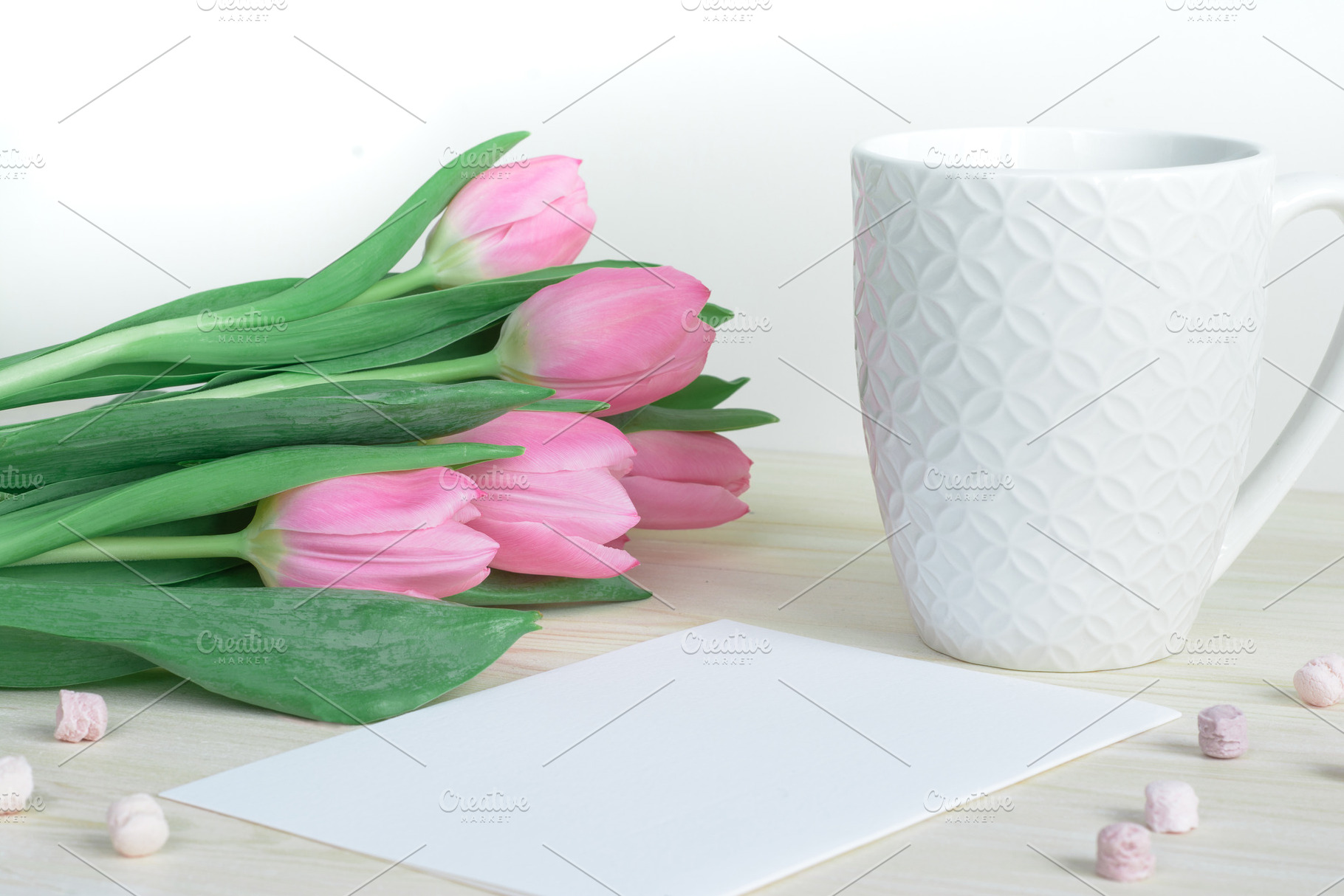 Desktop with pink tulips and mug, a Holiday Photo by Sound of Color