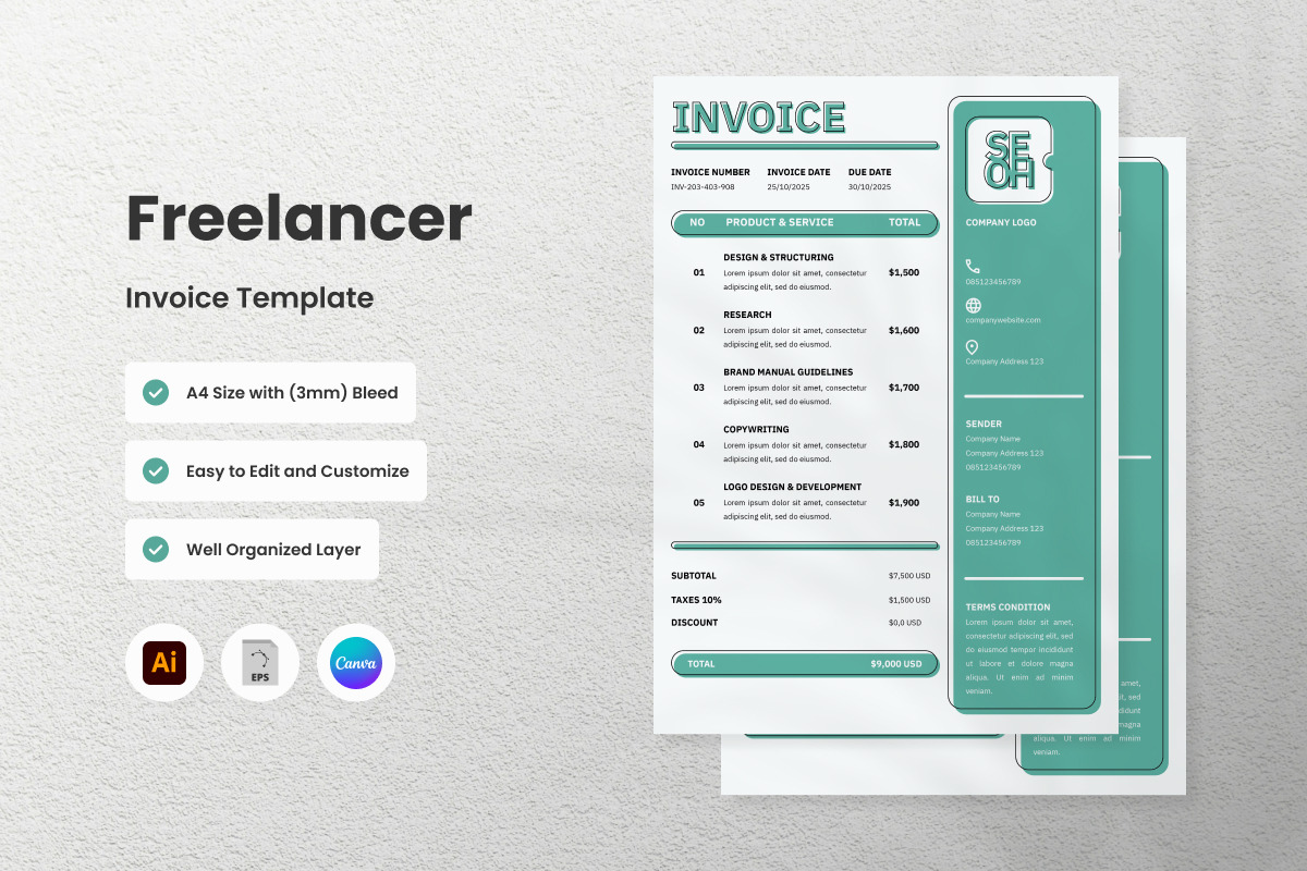 3 Set Freelancer Invoice Template V3, a Print Template by twinstd (Photo 2 of 3)