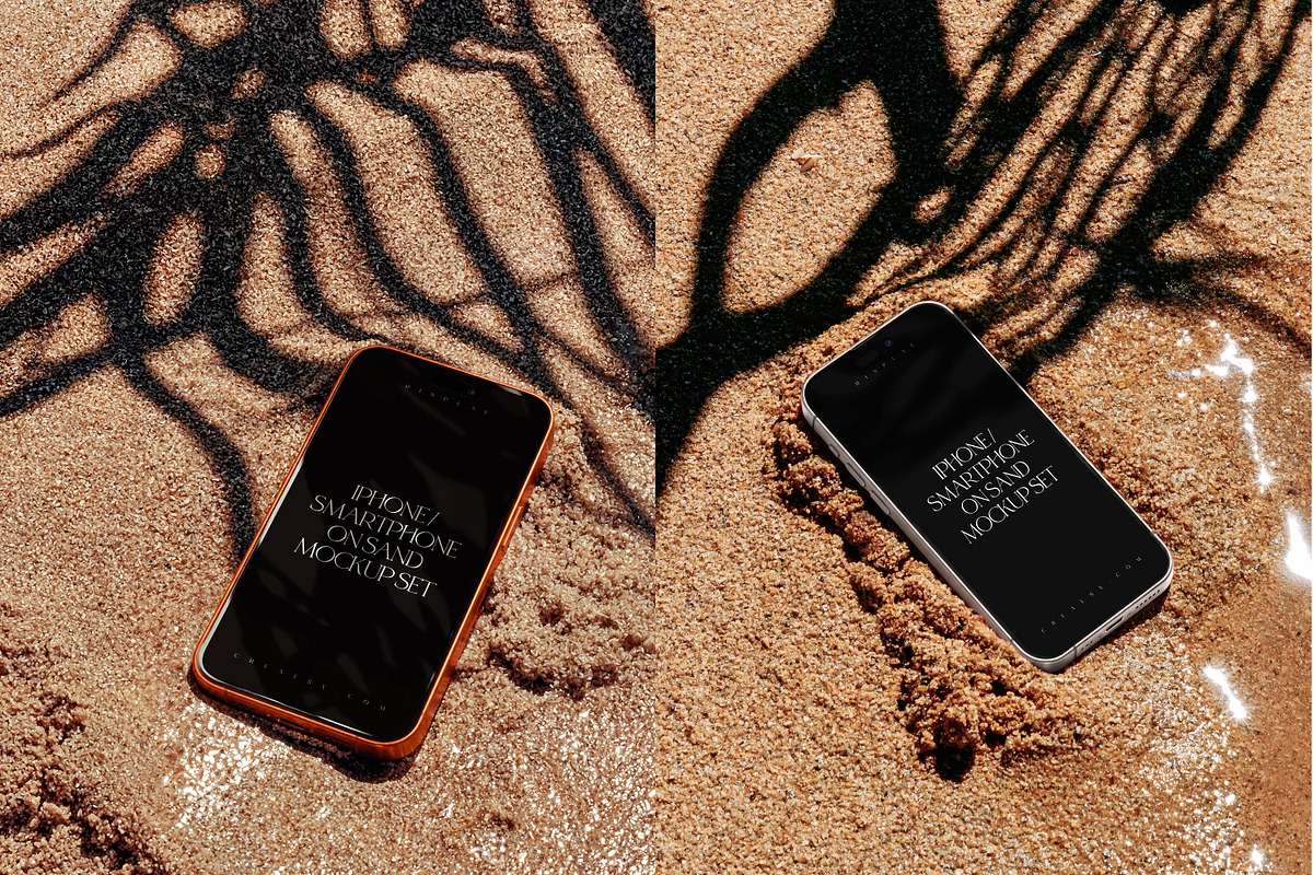 iPhone Smartphone on Sand Mockup Set, an iPhone Mockup by creatsy5 (Photo 6 of 8)