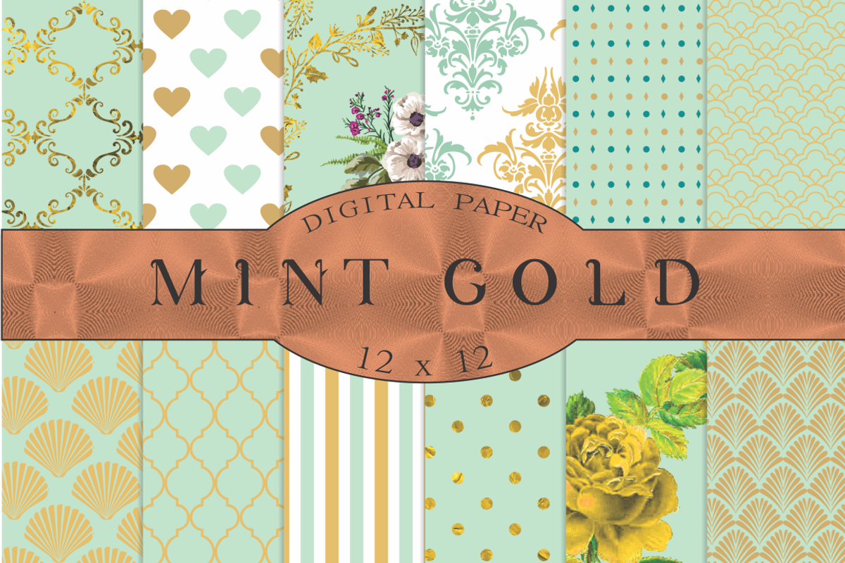 Mint and gold digital paper, a Pattern Graphic by Kiwi Fruit Punch