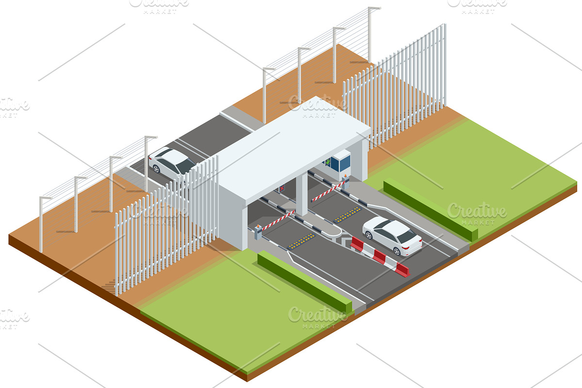 Isometric border checkpoint with, a Transportation Illustration by Golden Sikorka