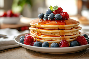 Delicious pancakes stacked high with sweet syrup and fresh berries in a cozy br, a Food & Drink Photo by AlyaAnd