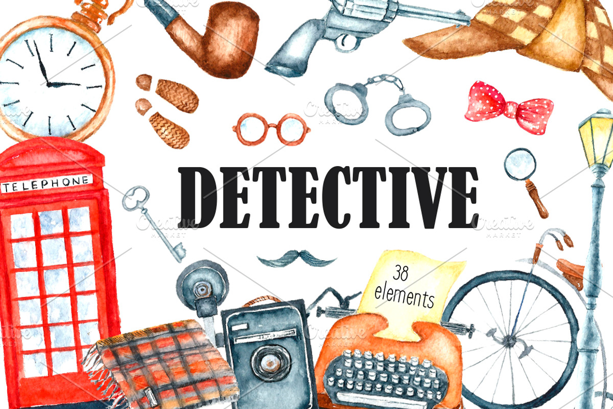 Watercolor retro detective set., an Illustration by Vikeriya (Photo 1 of 5)