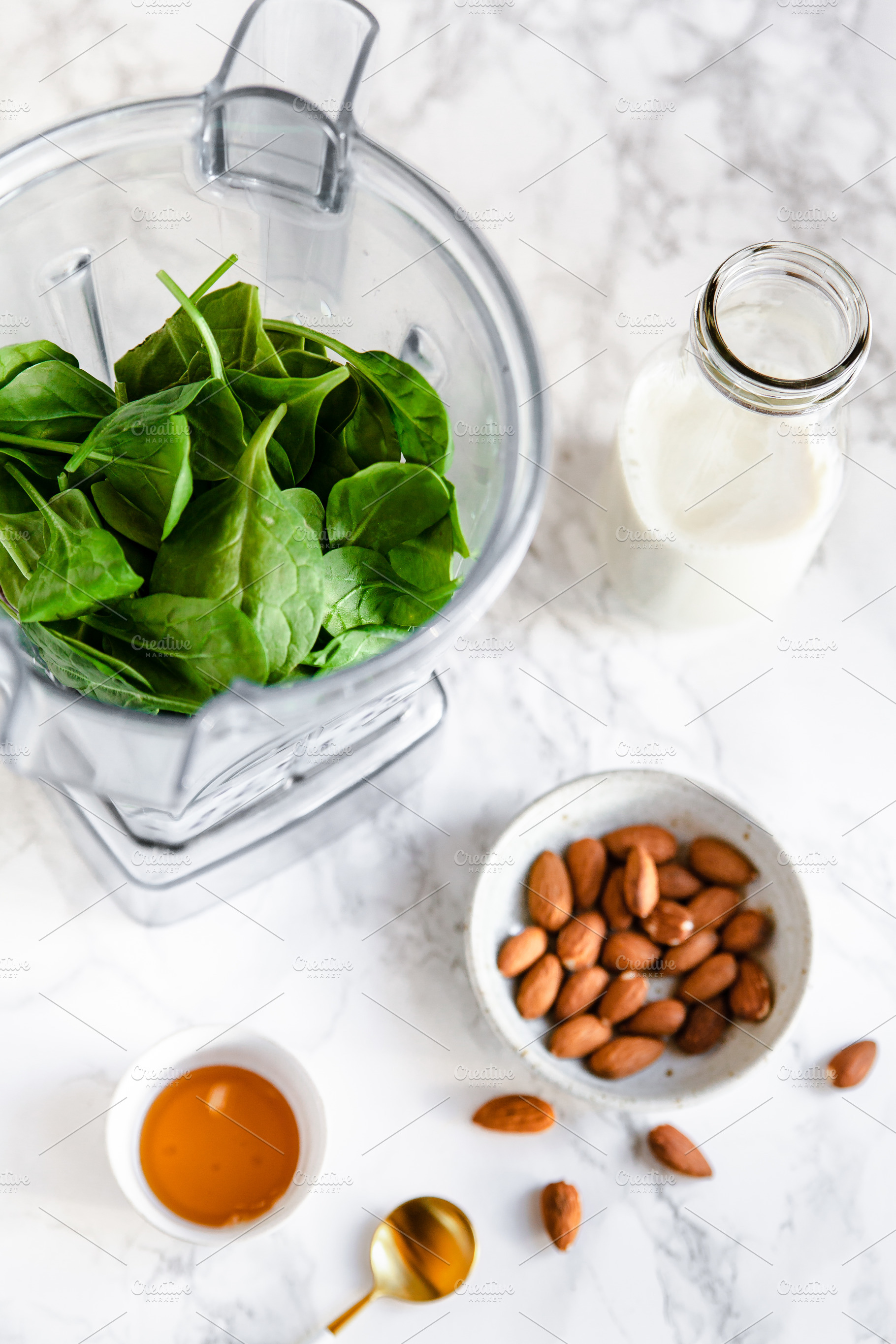 spinach in blender with almond milk, a Food & Drink Photo by Brand Spanking You