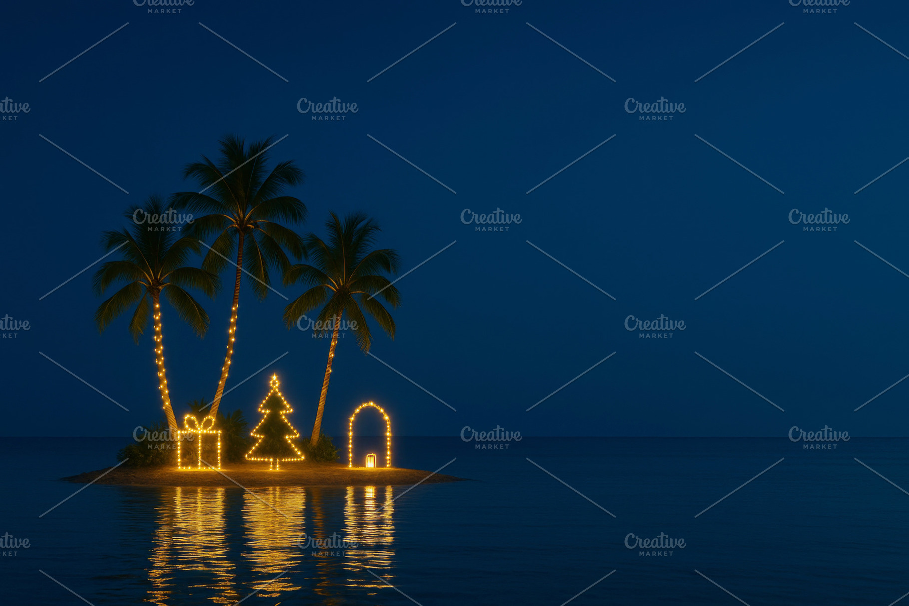 Christmas lights on tropical island with illuminated palm trees,, a Photo by Dvoevnore photos