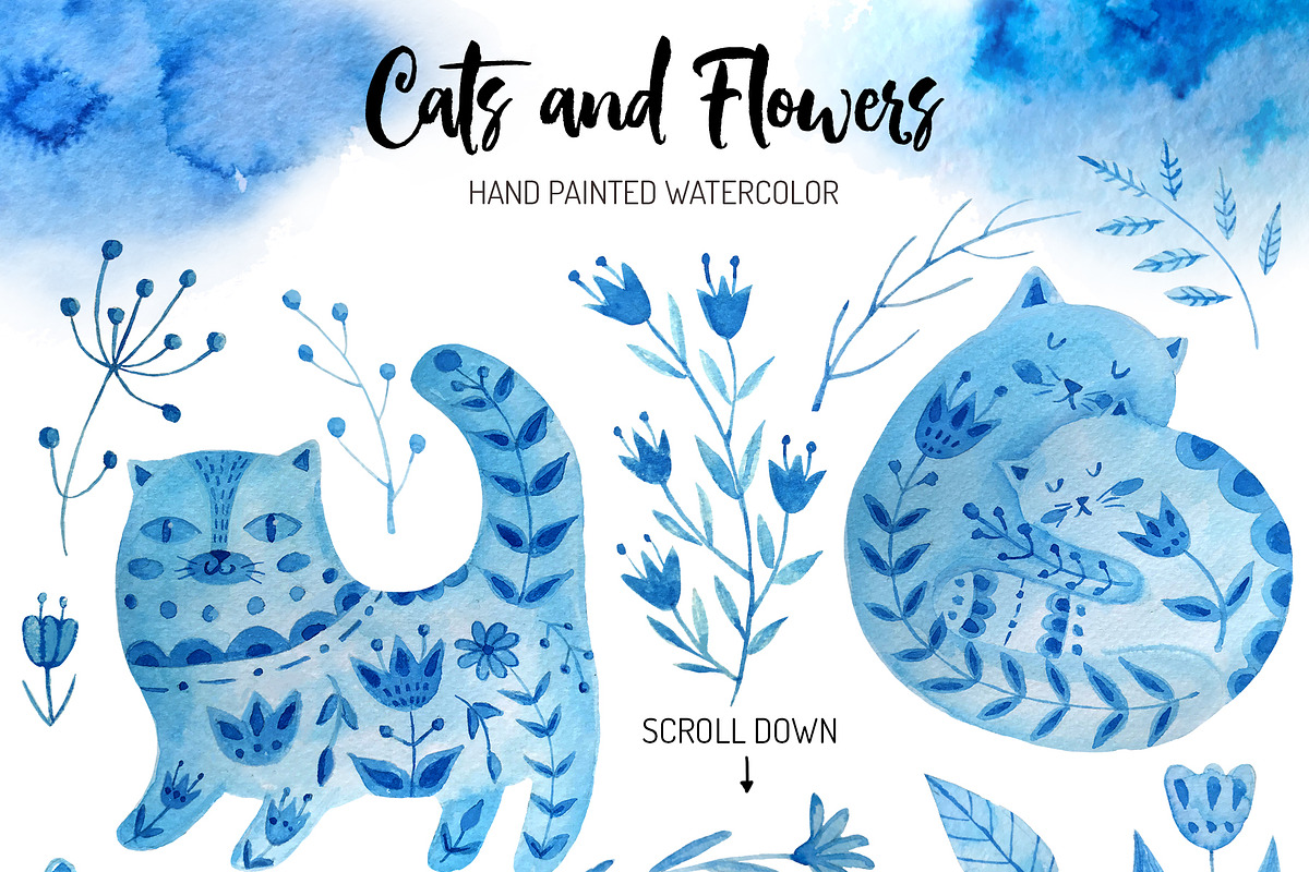 Watercolor Cats and Flowers, an Animal Illustration by Olesya Agudova (Photo 2 of 7)