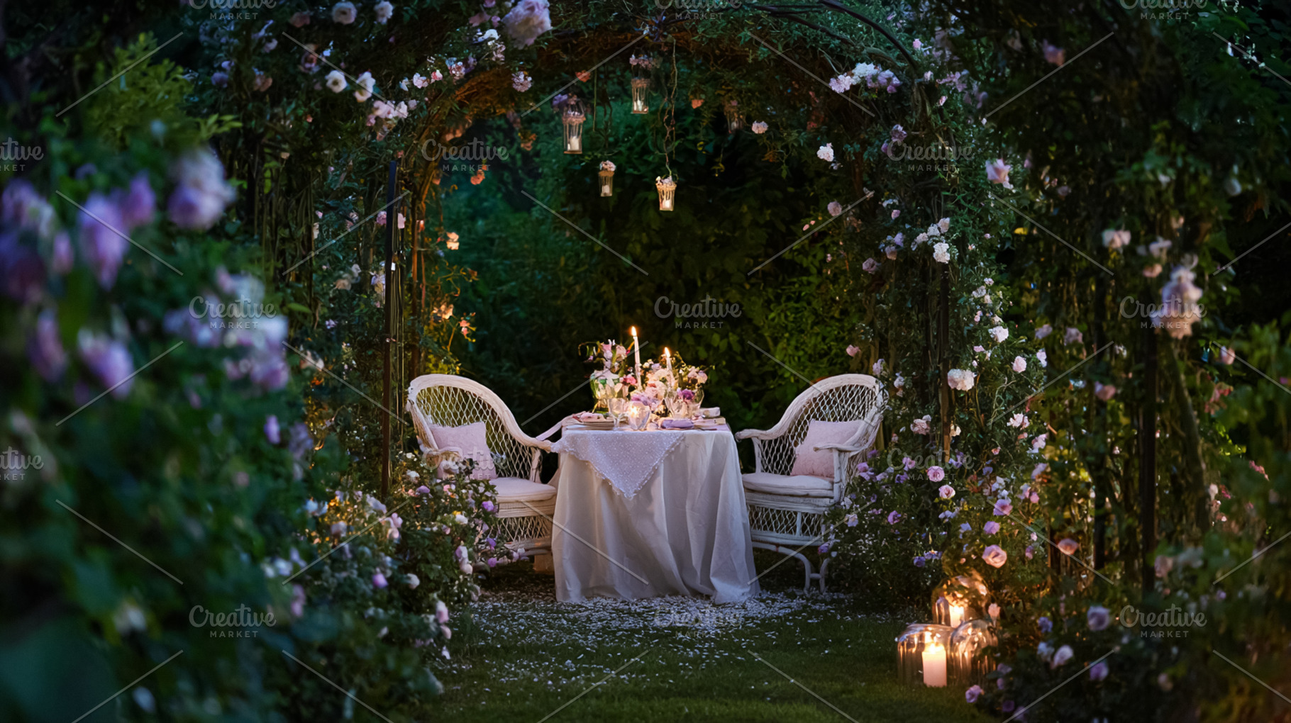 Outdoor evening table settings with candles, crystal glassware a, a Holiday Photo by Studio ANNA
