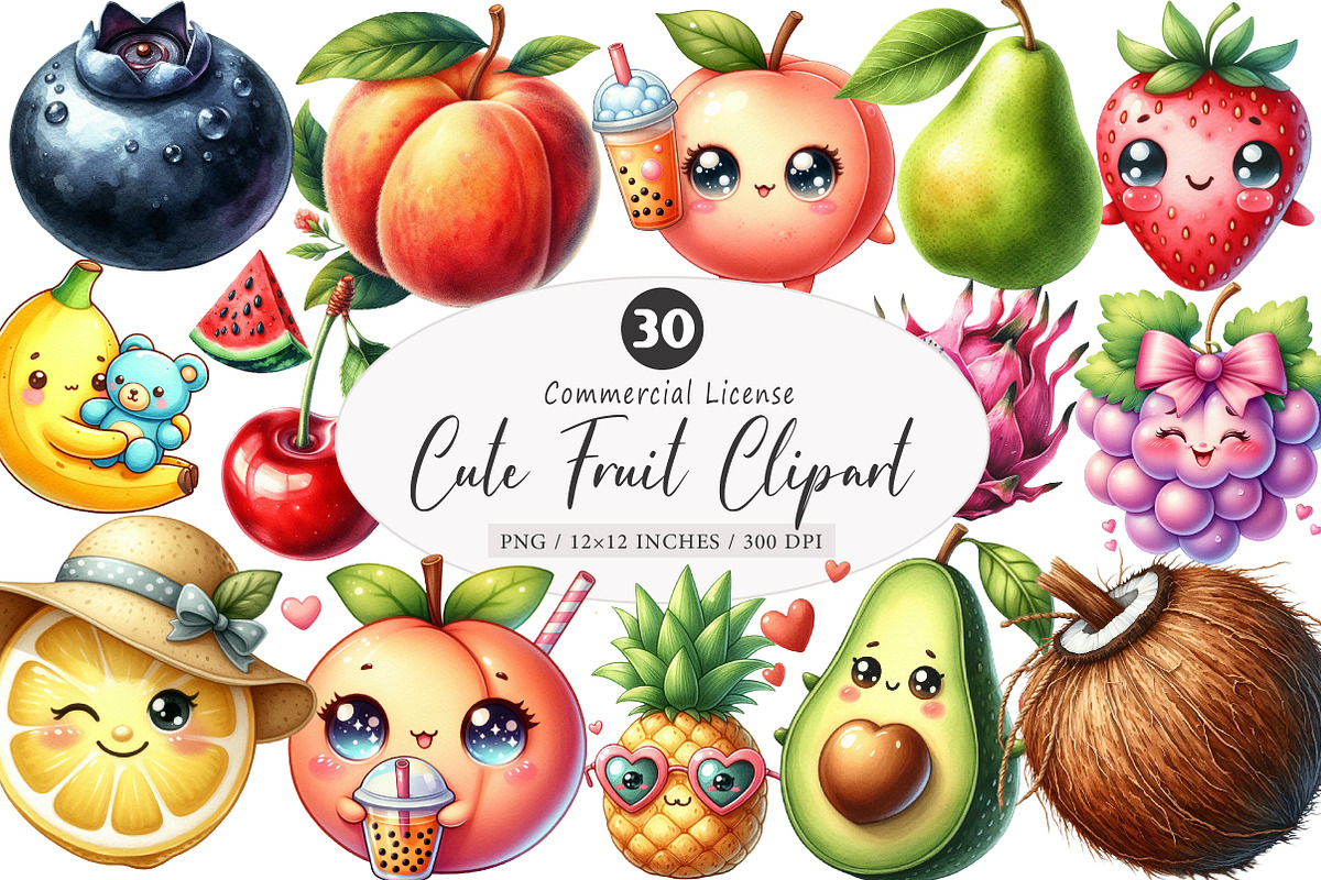 Cute Fruit Clipart,Kawaii Fruits PNG, an Illustration by SinaCreation (Photo 1 of 5)