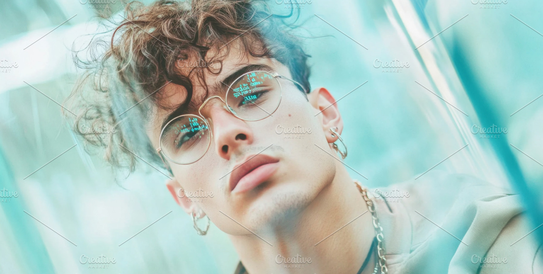 Young man with glasses gazes intentl, a Photo by Dvoevnore photos