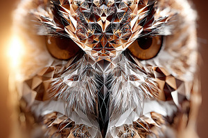 Detailed close-up of a stylized owl with geometric patterns and vibrant eyes, an Animal Photo by AlyaAnd