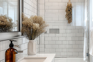 Modern white bathroom design with su, a Photo by Pixeness Studio