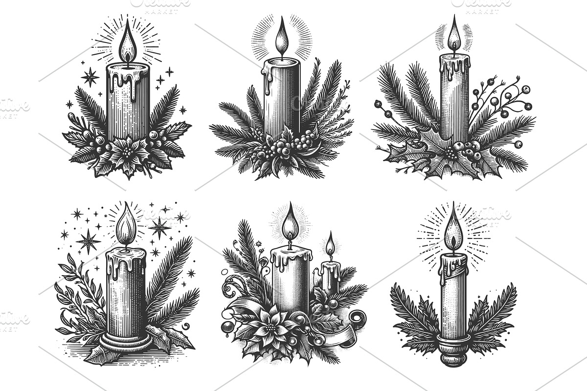 Holiday Candle engraving set vector, an Object Illustration by AlexArt