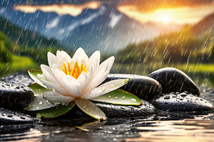 White Lotus Flower in Rain on Zen Stones, a Nature Photo by Davizro's Market
