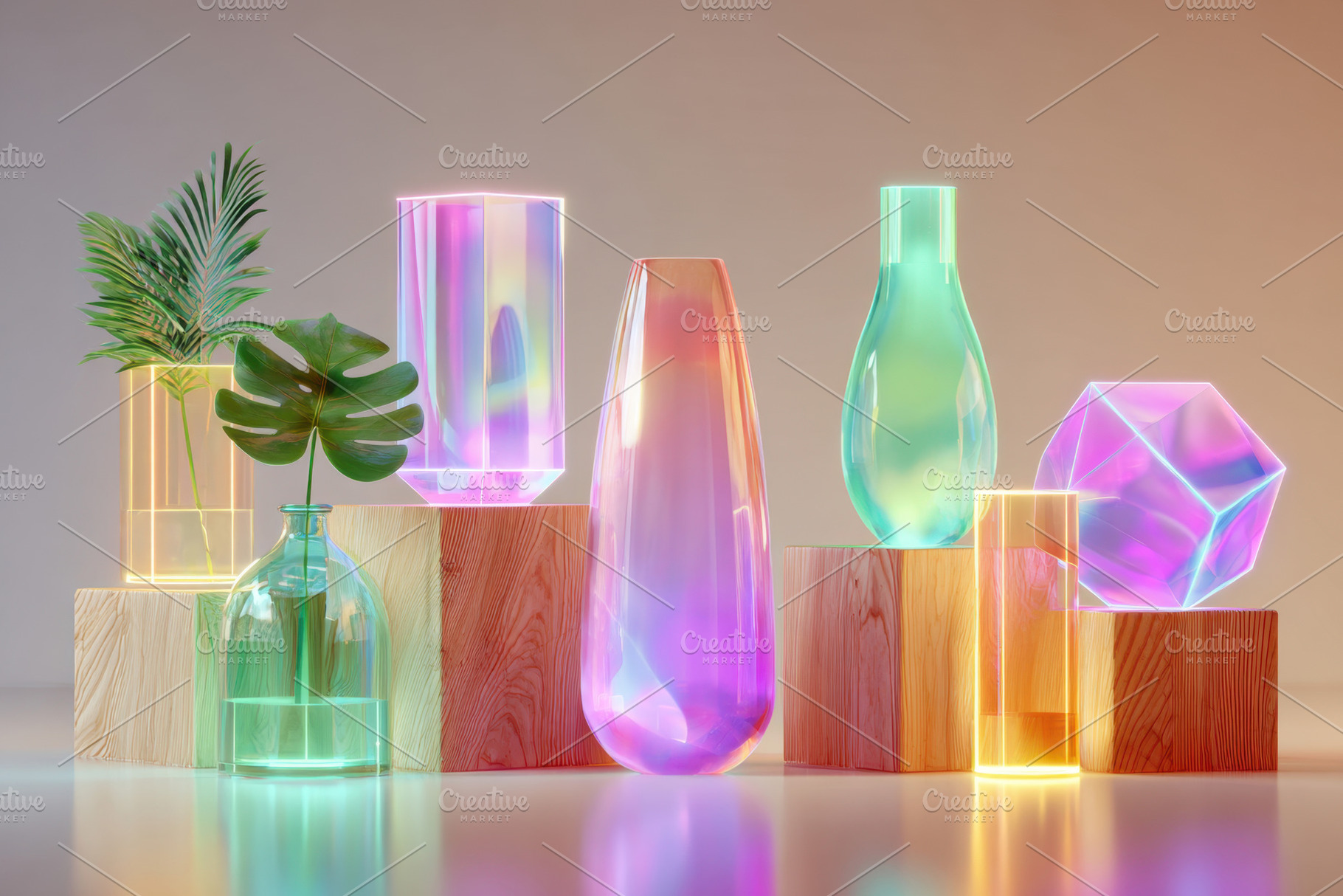 Colorful glass vases and geometric shapes display, an Abstract Photo by AlyaAnd