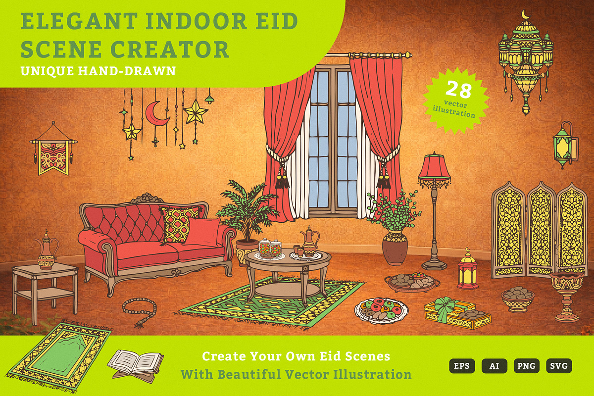 Elegant Indoor Eid Scene Creator, an Illustration by MEANDSTUDIO (Photo 1 of 4)