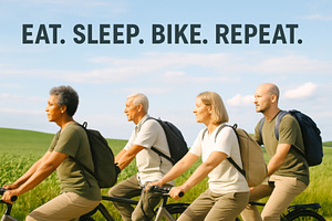 Group of diverse adults biking outdo, a Photo by Dvoevnore photos