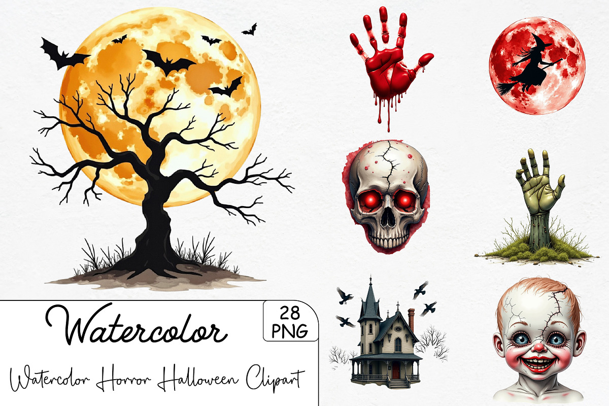 Watercolor Horror Halloween Clipart, an Illustration by CrexoraLab (Photo 1 of 5)