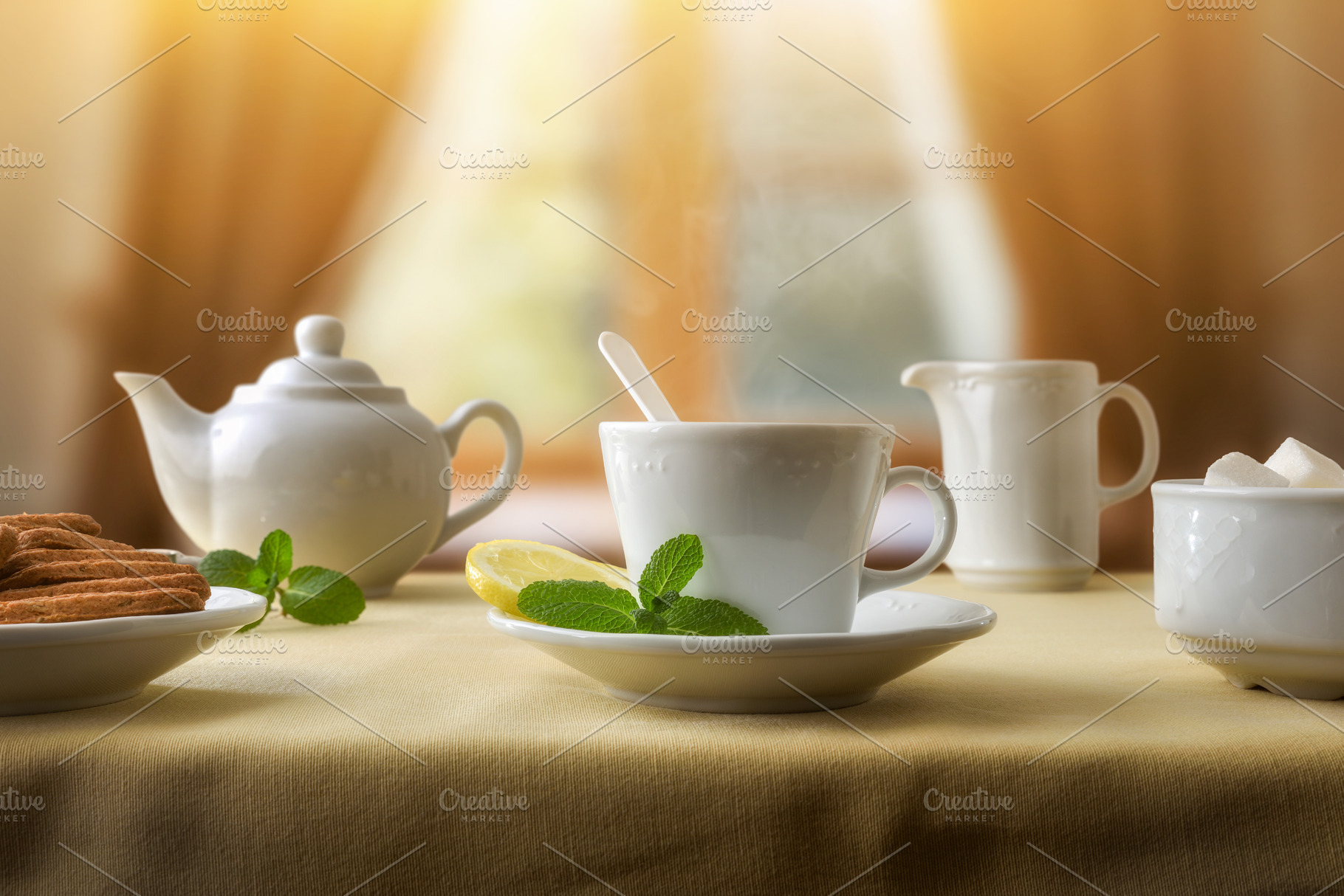 Tearoom with freshly served tea and table with ceramic glassware, a Food & Drink Photo by Davizro's Market