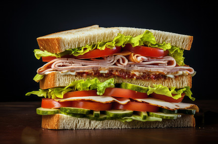 Big sandwich with baked turkey, green salad, tomato and cucumber slices on dark, a Food & Drink Photo by Natalia Klenova's Shop