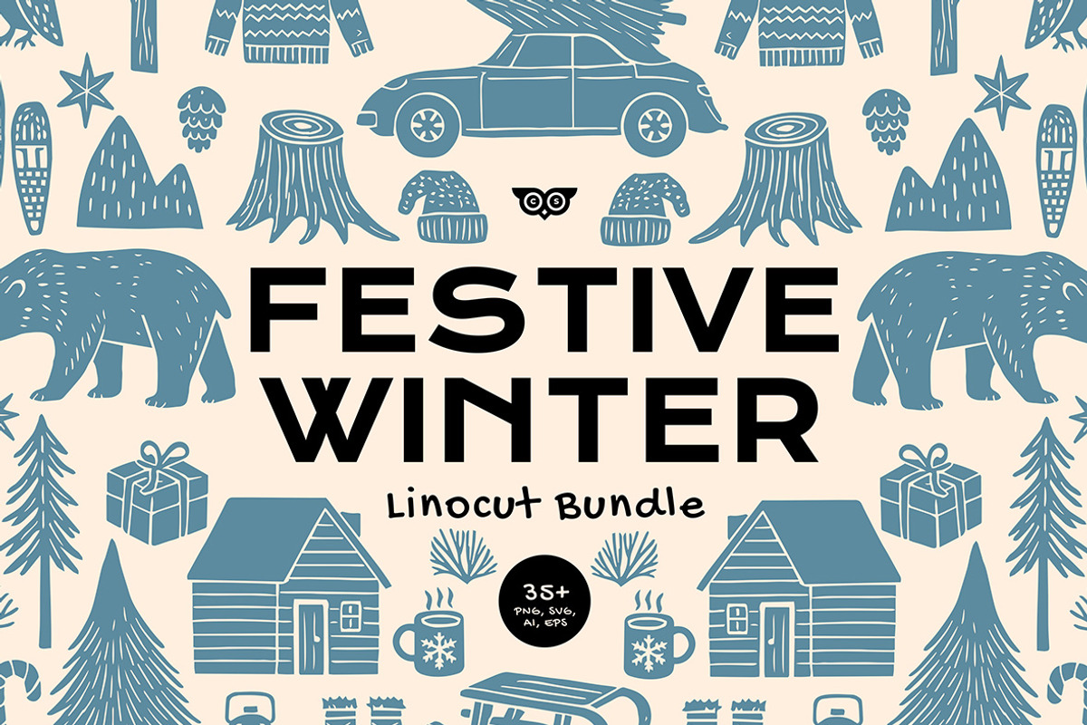 Festive Winter Linocut Bundle, a Seasonal Illustration by ClayStudio (Photo 1 of 8)