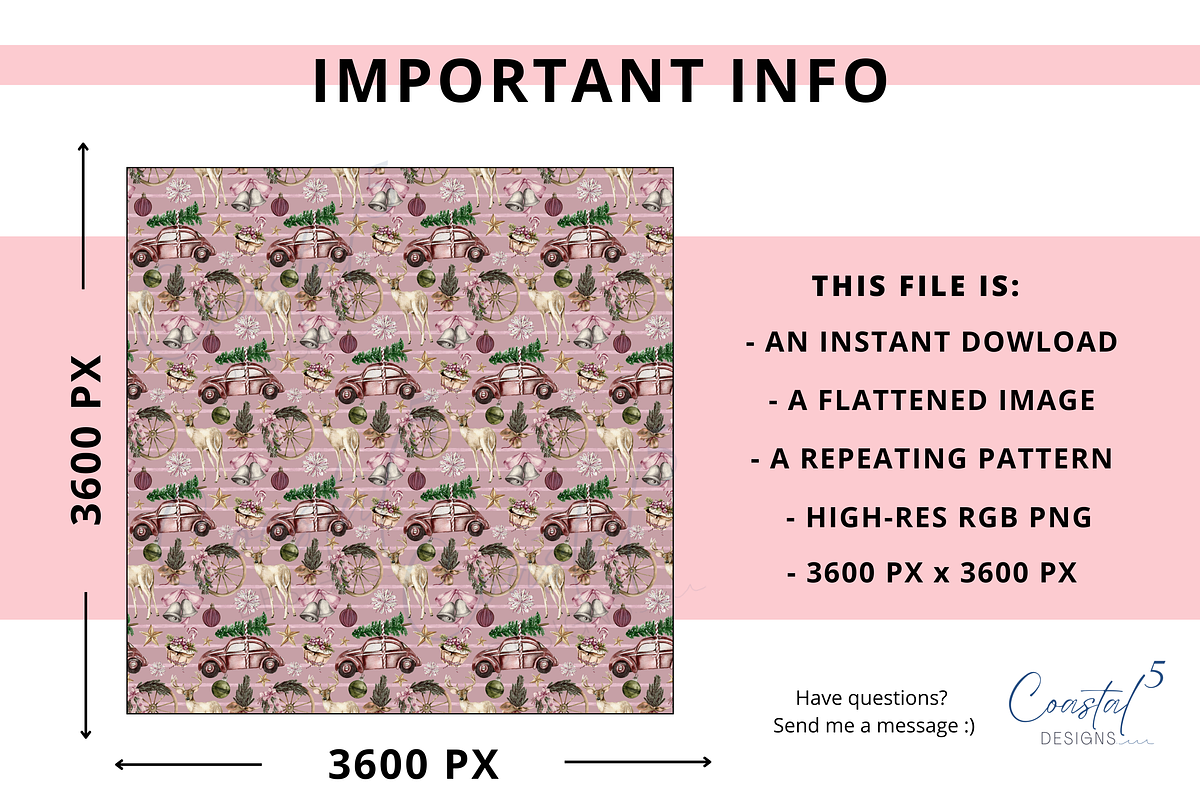 Vintage Pink Christmas Seamless, a Pattern Graphic by Coastal 5 Designs (Photo 3 of 3)