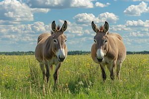 Two Donkeys in a Sunny Meadow Wildfl, an Animal Photo by Pixeness Studio