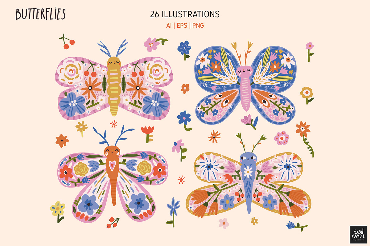 Floral Butterfly Clipart & Patterns, an Animal Illustration by avdnadi (Photo 3 of 9)