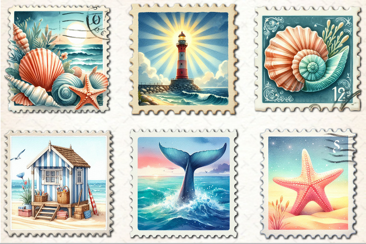 Summer Coastal Postage Stamp Clipart, an Illustration by Rose Art (Photo 3 of 4)