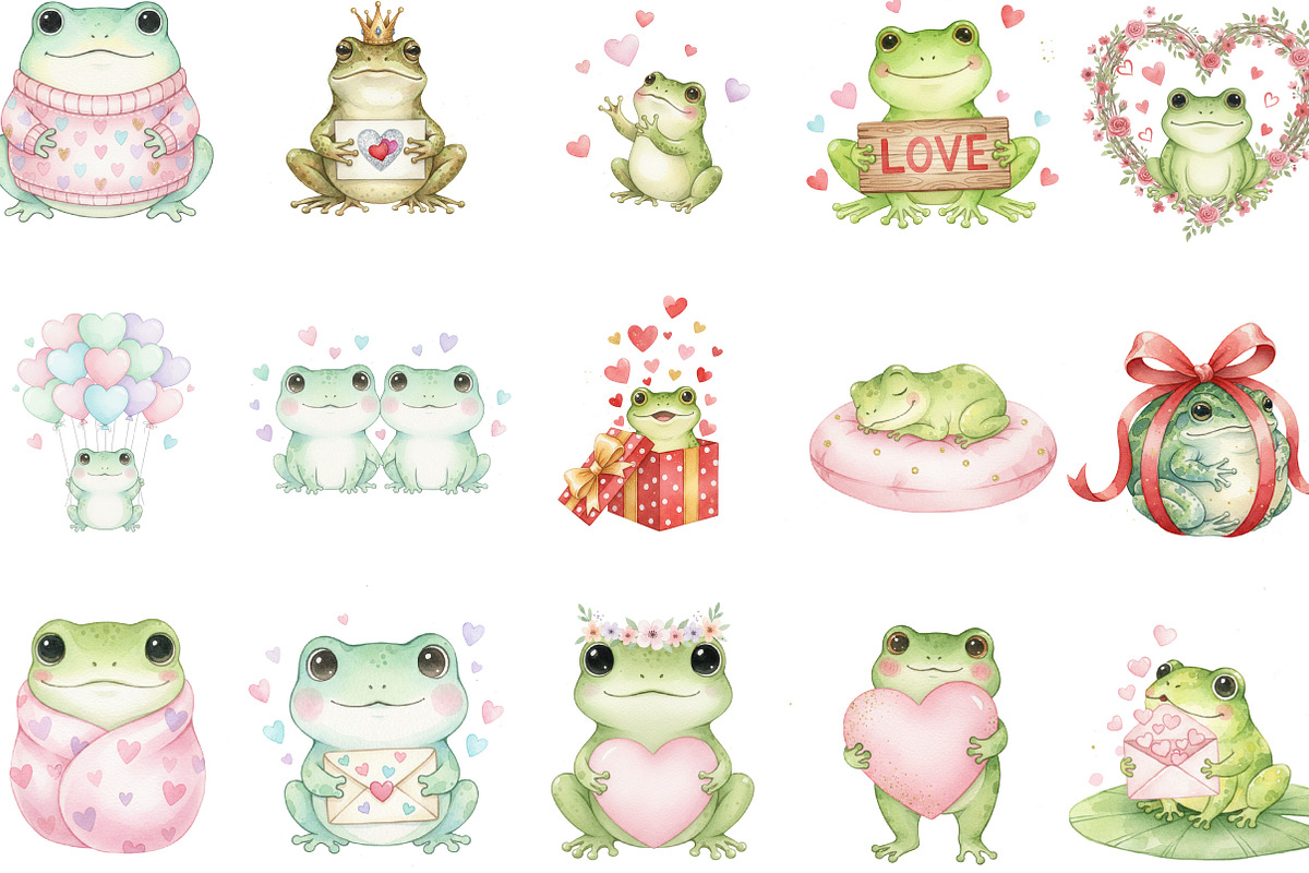 Watercolor Cute Frog Valentines Clip, an Illustration by Designking (Photo 2 of 5)