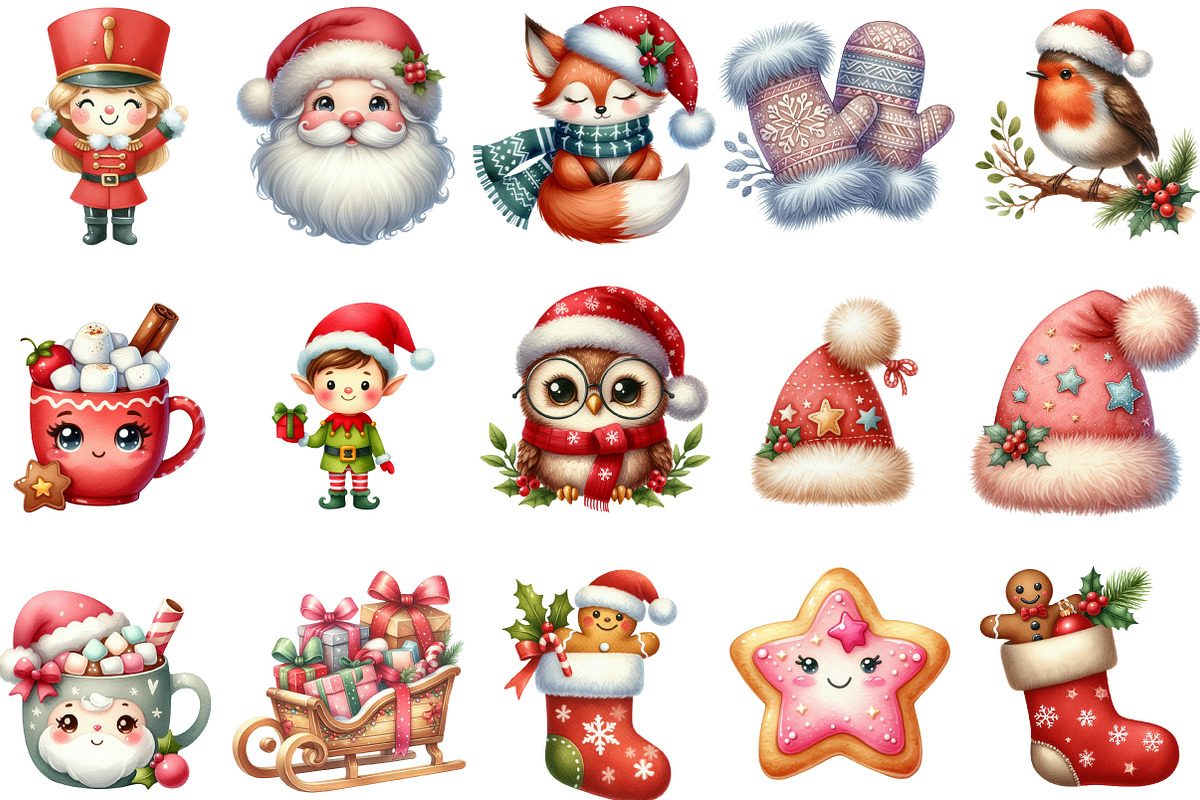 Cute Christmas Watercolor Clipart, an Illustration by Designking (Photo 3 of 5)