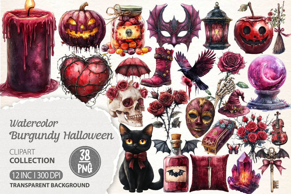 Burgundy Halloween Clipart, an Illustration by Dream Creation (Photo 1 of 7)