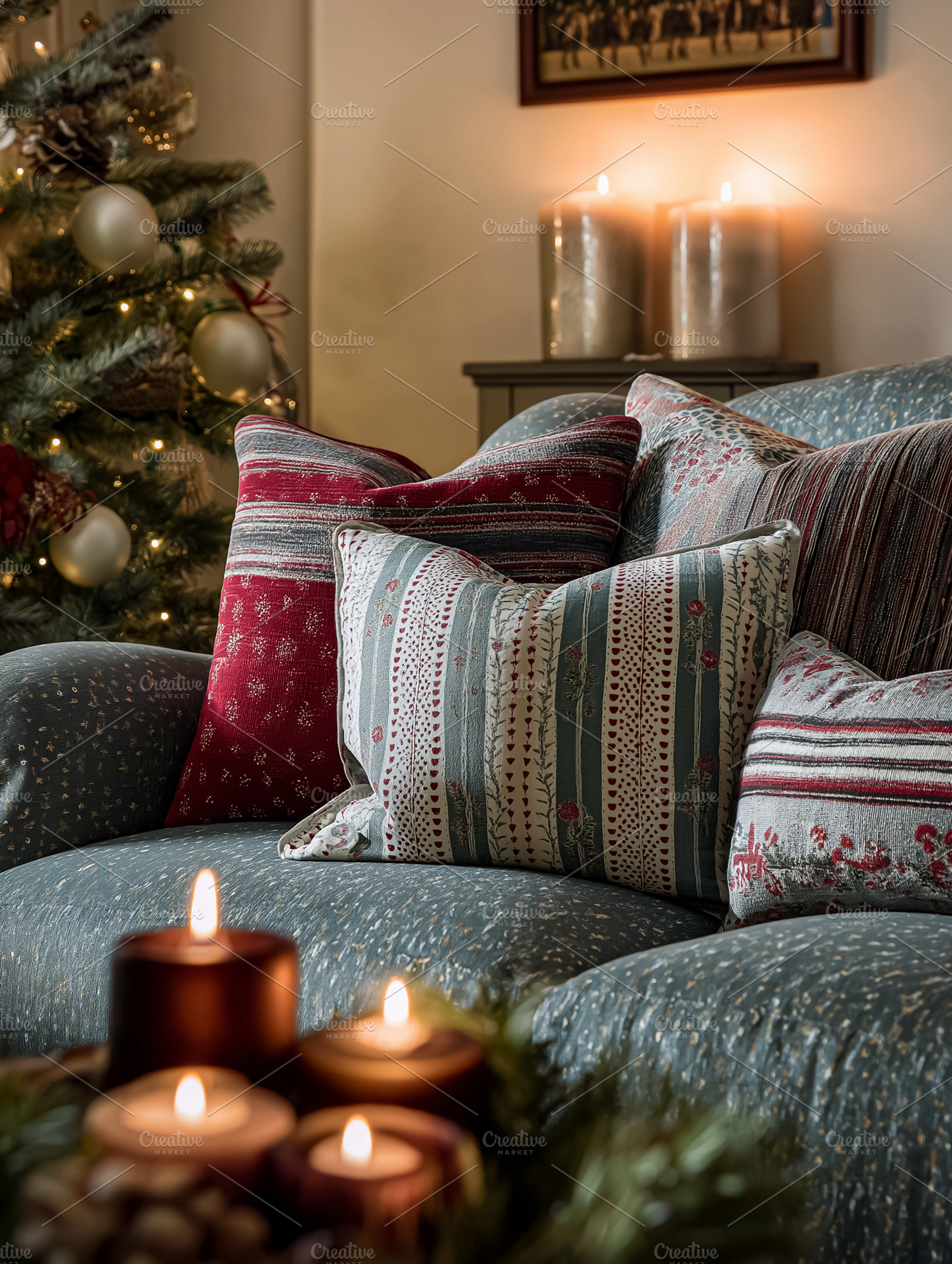 Cozy Christmas living room decorating with festive cushions, candles, and a hol, a Holiday Photo by Studio ANNA