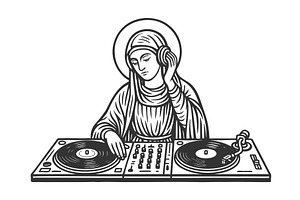 Saintly DJ mixing on turntables, an Illustration by AlexArt
