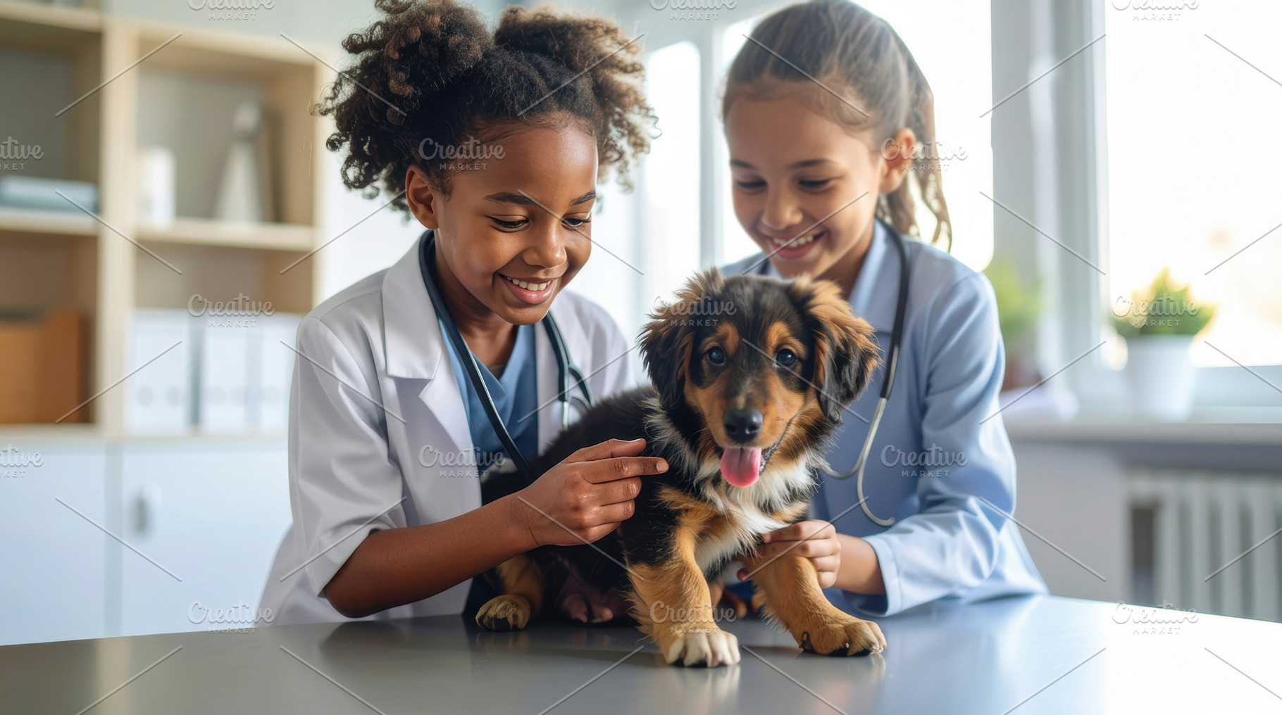 Kids Playing Veterinarian with Puppy, an Animal Photo by Davizro's Market