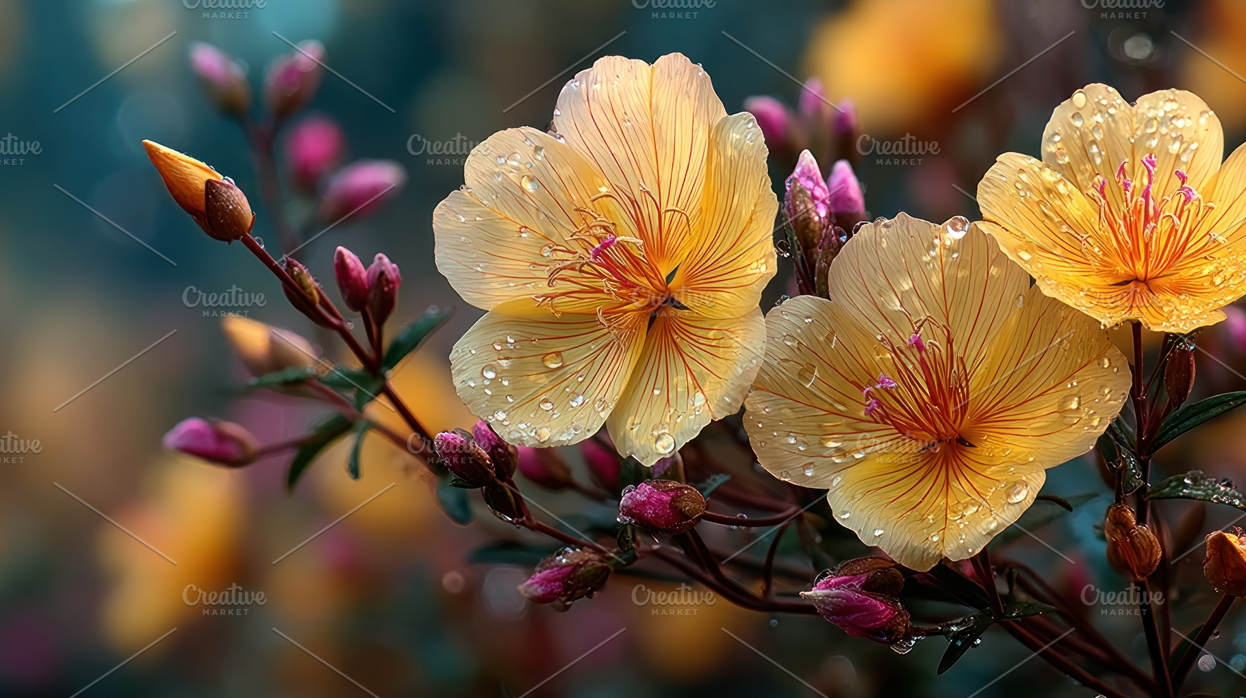 Closeup of golden yellow flowers with dew drops and pink buds on, a Nature Photo by José Manuel Gelpi
