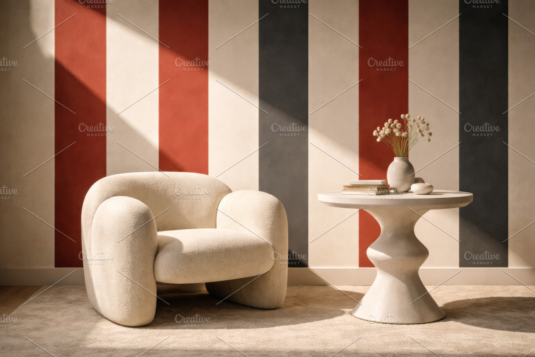 Circus retro stripes interior design with modern furniture in co, a Photo by Dvoevnore photos
