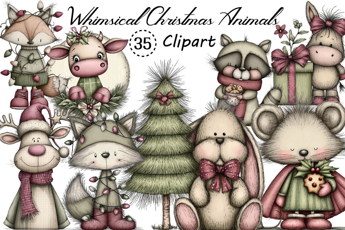Whimsical Christmas Animals Clipart, an Illustration by Creative Art (Photo 1 of 11)