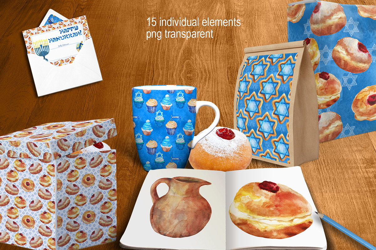 Happy Hanukkah watercolor set, an Illustration by DollyPotterson (Photo 3 of 7)