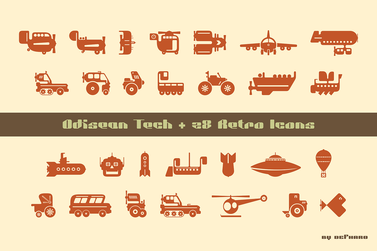 Odisean Tech -Retro font w/ 28 icons, a Sans Serif Font by deFharo (Photo 2 of 4)