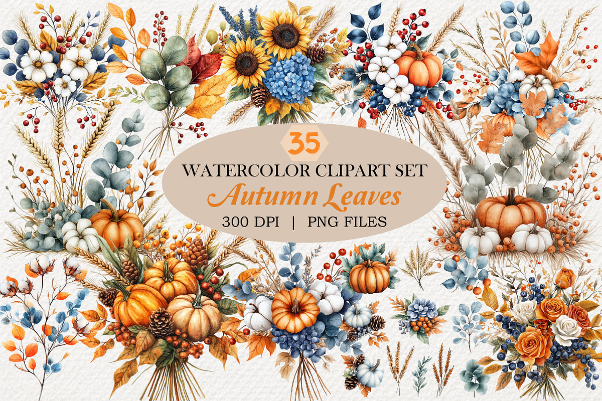 Watercolor Autumn Leaves Clipart, a Transportation Illustration by Digital Artistic99 (Photo 1 of 8)