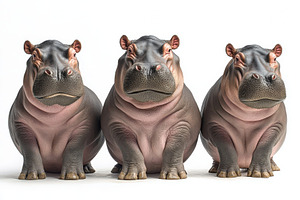 Three hippos sitting together cute a, a Photo by Pixeness Studio