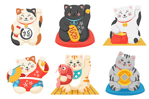 Maneki neko, Japanese lucky cats set, an Animal Illustration by Lemberg Vector