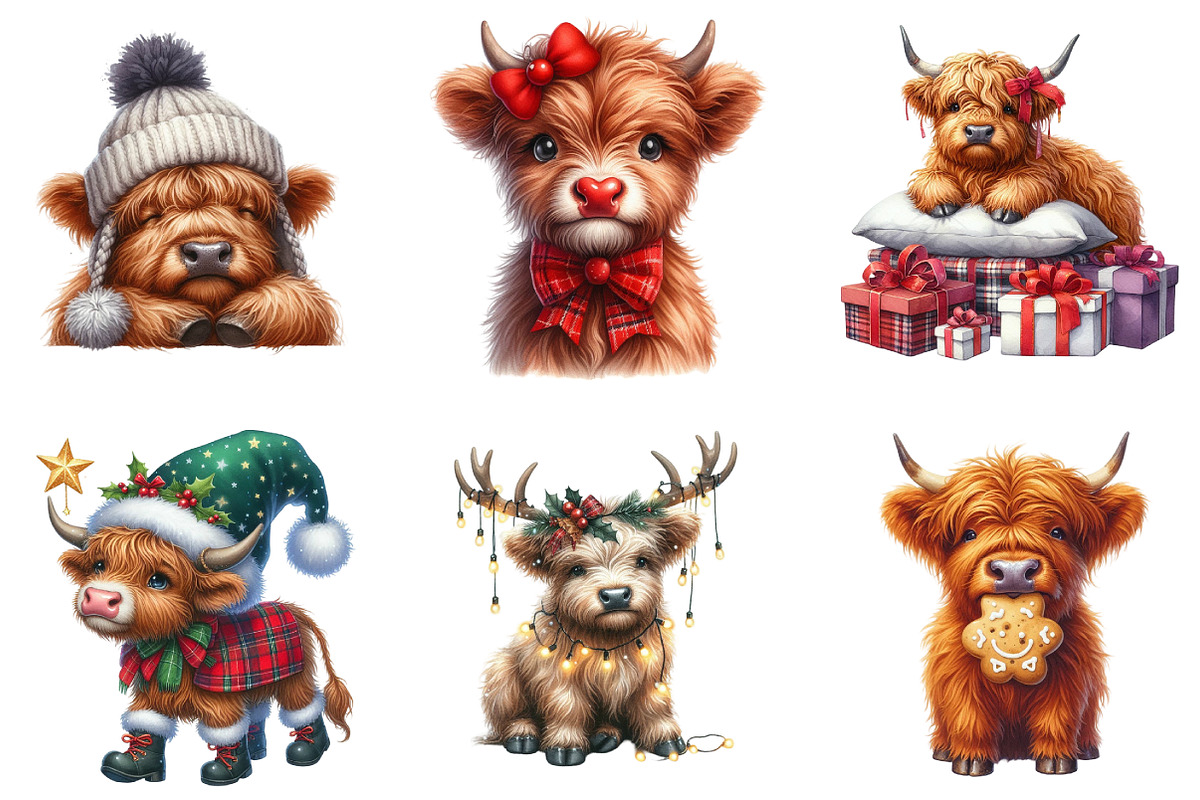 Christmas Highland Cow Clipart, an Illustration by DreamArtGraphic (Photo 2 of 5)